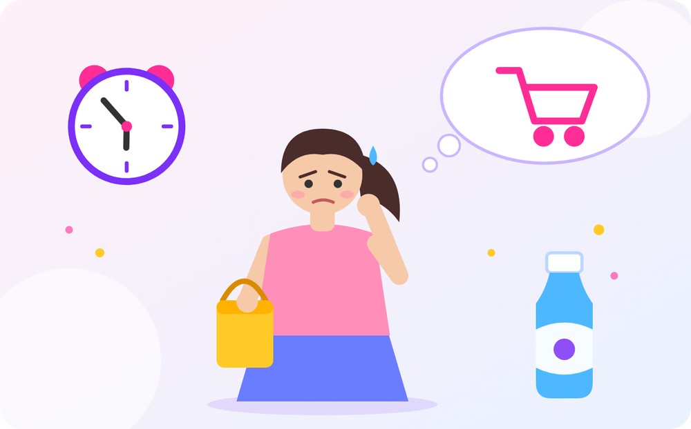 忙しくて買い物に行けず、悩んでいる女性のイラスト